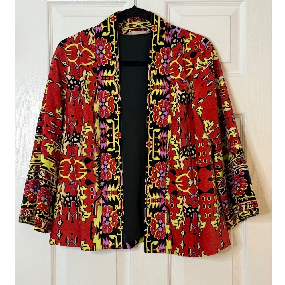 Soft Surroundings Red Floral Vera Velvet Kimono Style Jacket XS